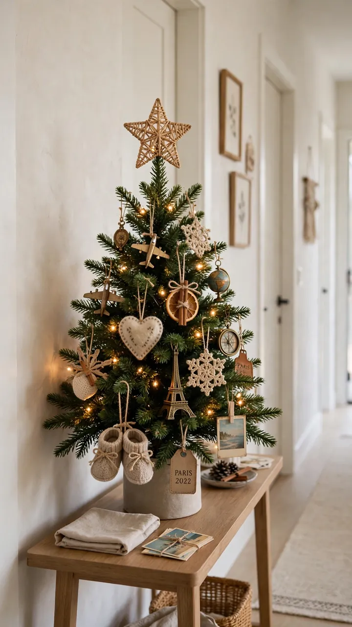 Small tabletop Christmas tree with memory ornaments