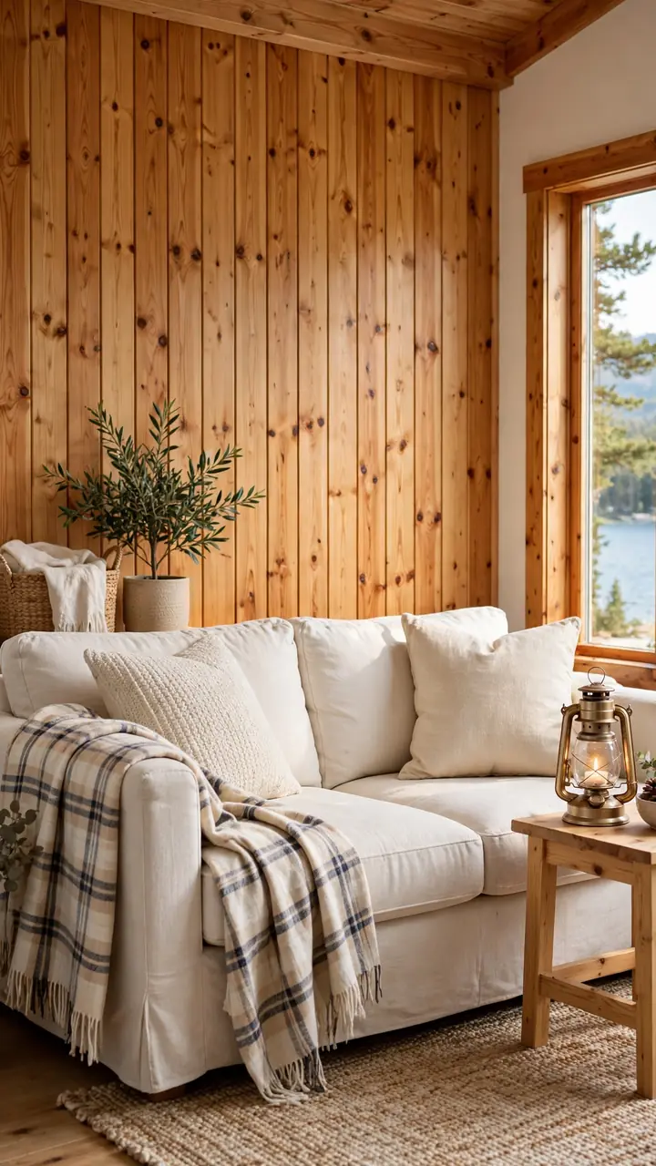 A cozy lake cottage living room with a honey toned pine tongue and groove accent wall behind a cream sofa, plaid throw draped over one arm, small table with a lantern beside the sofa.