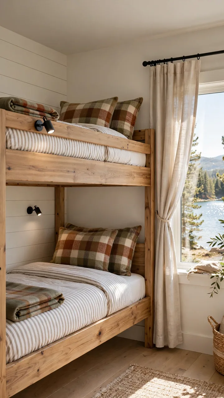 A charming lake cottage bunk bed nook with twin wooden bunks, striped sheets, plaid wool blankets folded at the foot, flannel pillows, a curtain on a tension rod across the front.
