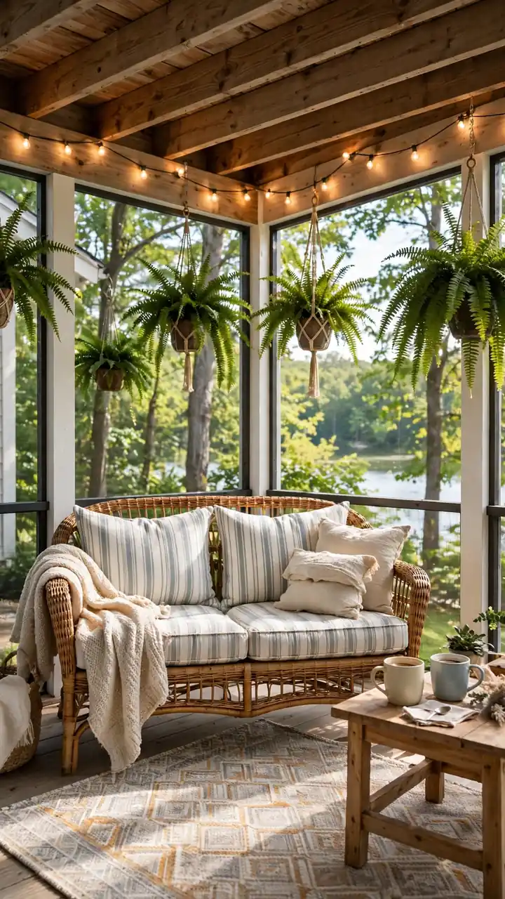 A lake cottage screened porch styled as a living room, wicker loveseat with striped cushions, indoor outdoor rug, small wooden side table with coffee cups.