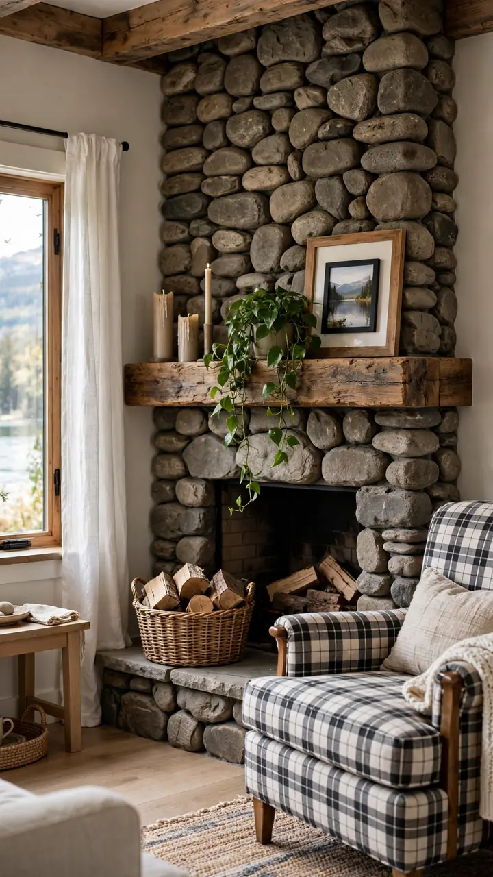 A lake cottage living room with a stacked river rock stone fireplace, chunky reclaimed wood mantel styled with tall candles, a trailing green plant and framed photo.