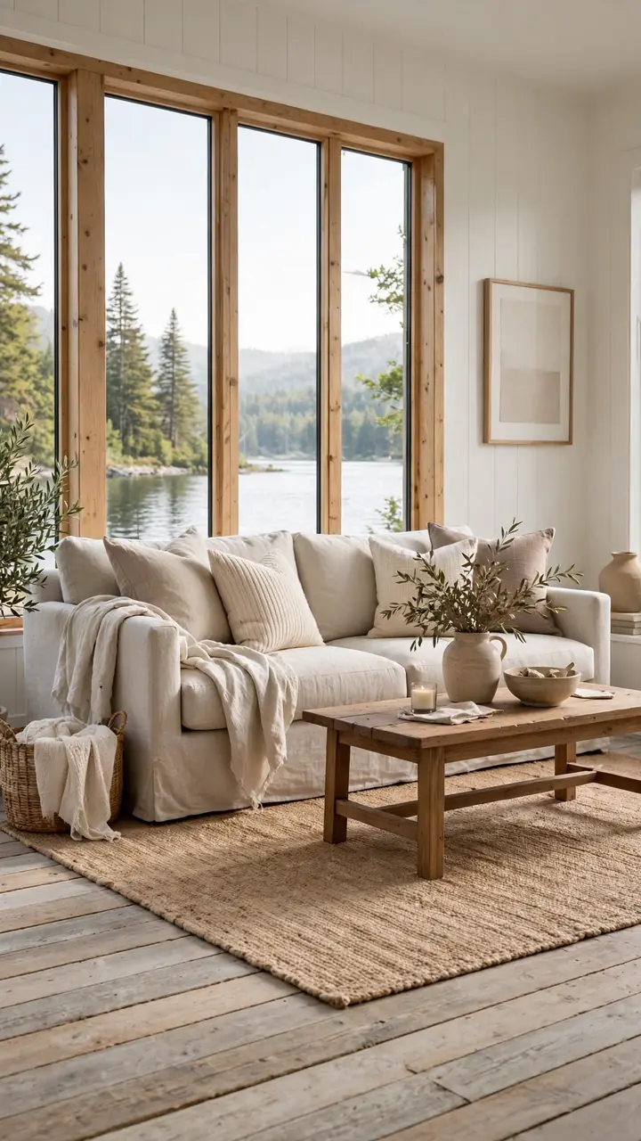 A lake cottage living room with wide plank weathered wood floors in a pale driftwood tone, large flat weave jute rug, linen sofa with neutral pillows.