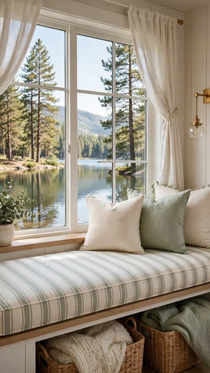 A lake cottage window seat under a large window with a view of calm water and pine trees, thick foam cushion in striped washable fabric, layered throw pillows.