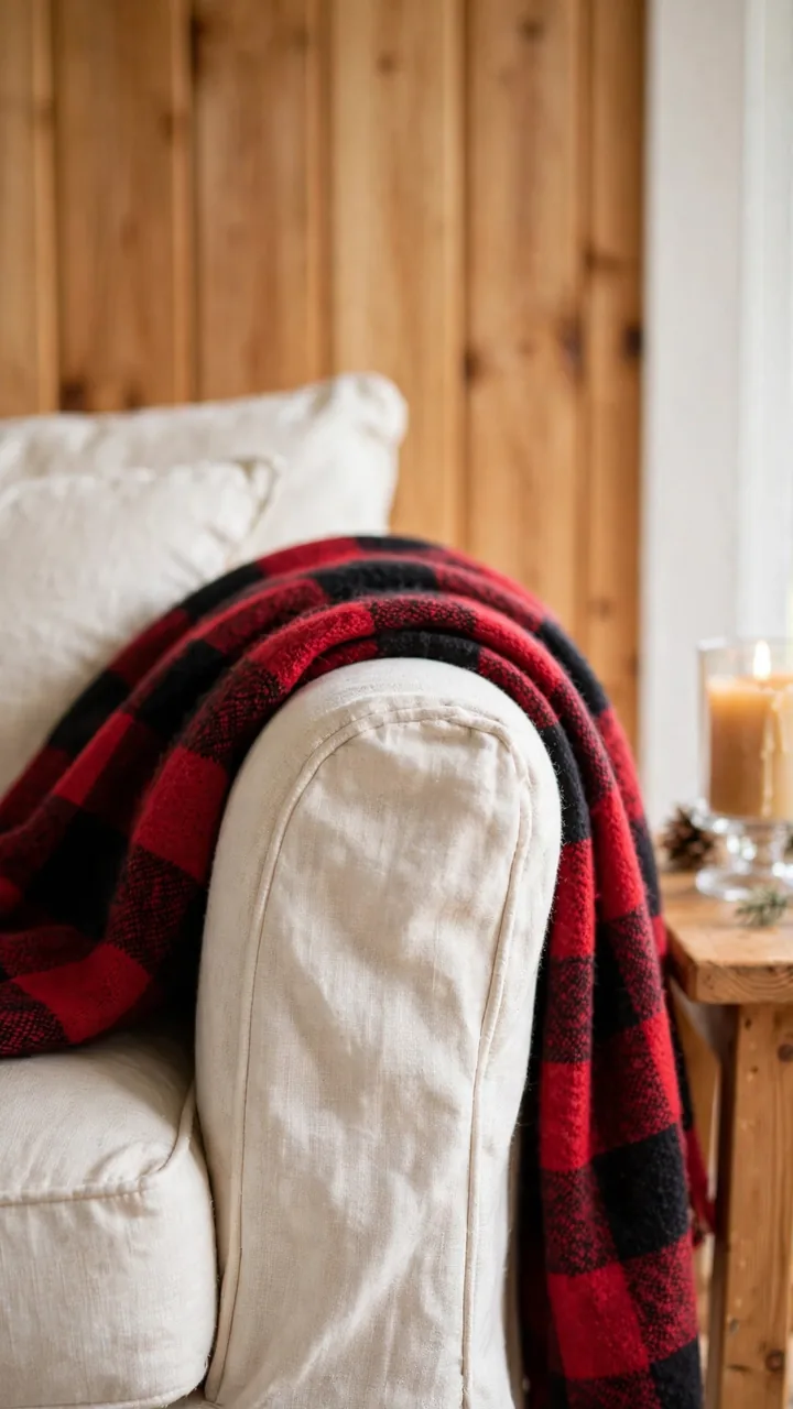 A close view of a lake cottage sofa arm with a red and black buffalo check wool throw draped casually over it, cream linen sofa, pine paneled wall behind.