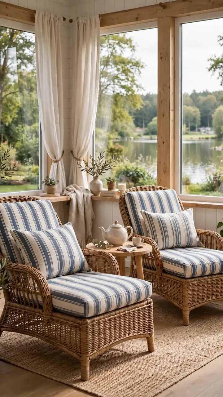 A bright lake cottage sunroom with two sturdy wicker lounge chairs with thick striped cushions and lumbar pillows angled toward each other, small round table between.
