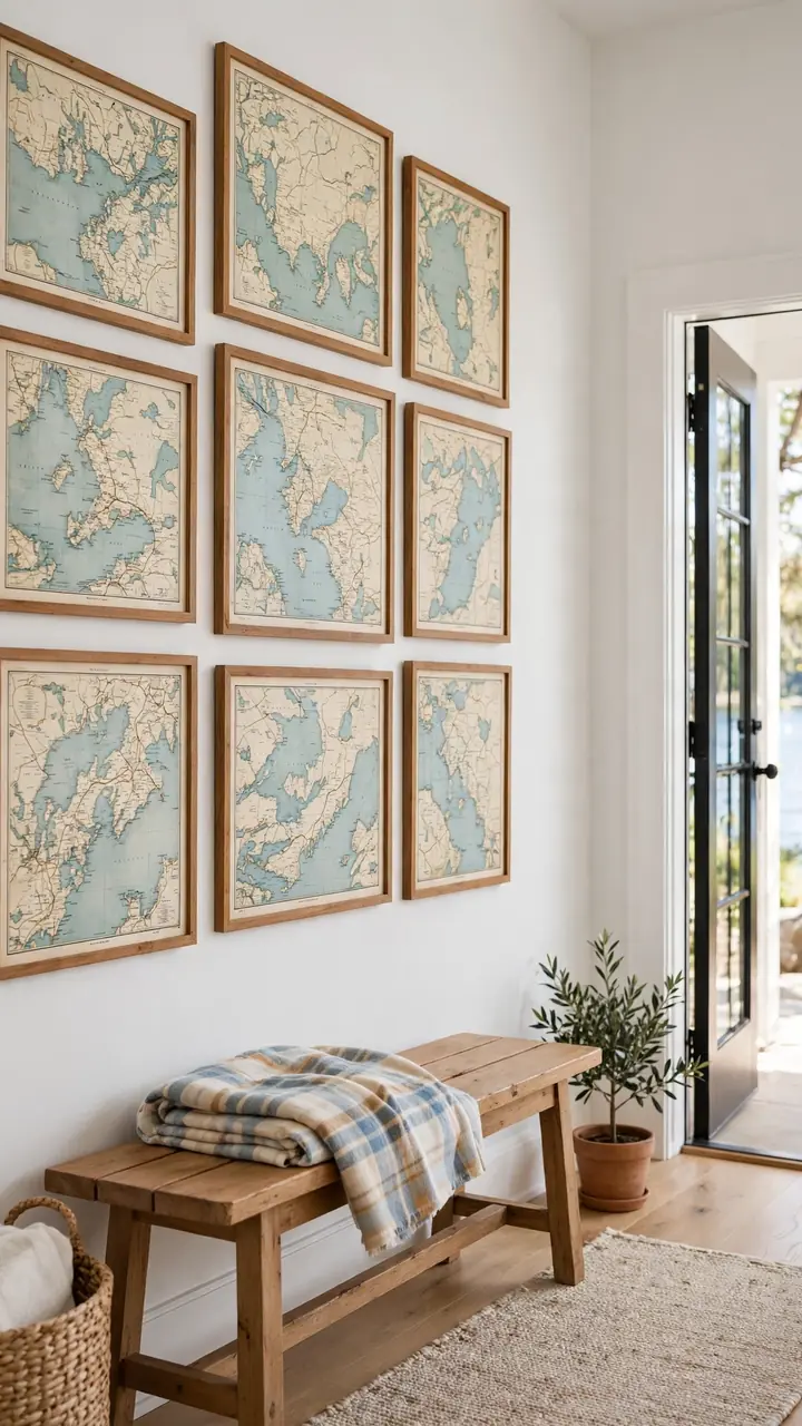 A lake cottage hallway with a gallery wall of framed vintage lake maps in natural wood frames, soft blue water and cream land tones, white walls.