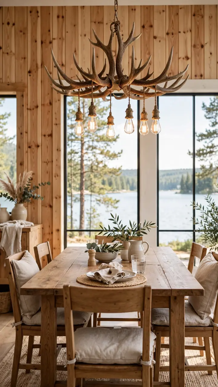 A lake cottage dining room with a faux antler chandelier with warm Edison bulbs hanging low over a farmhouse wood dining table, wooden chairs with cushions.