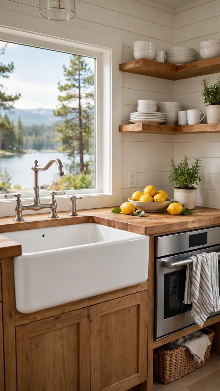 A lake cottage kitchen with a white apron front farmhouse sink, brushed nickel bridge faucet, open wooden shelves with white dishes and a potted herb.