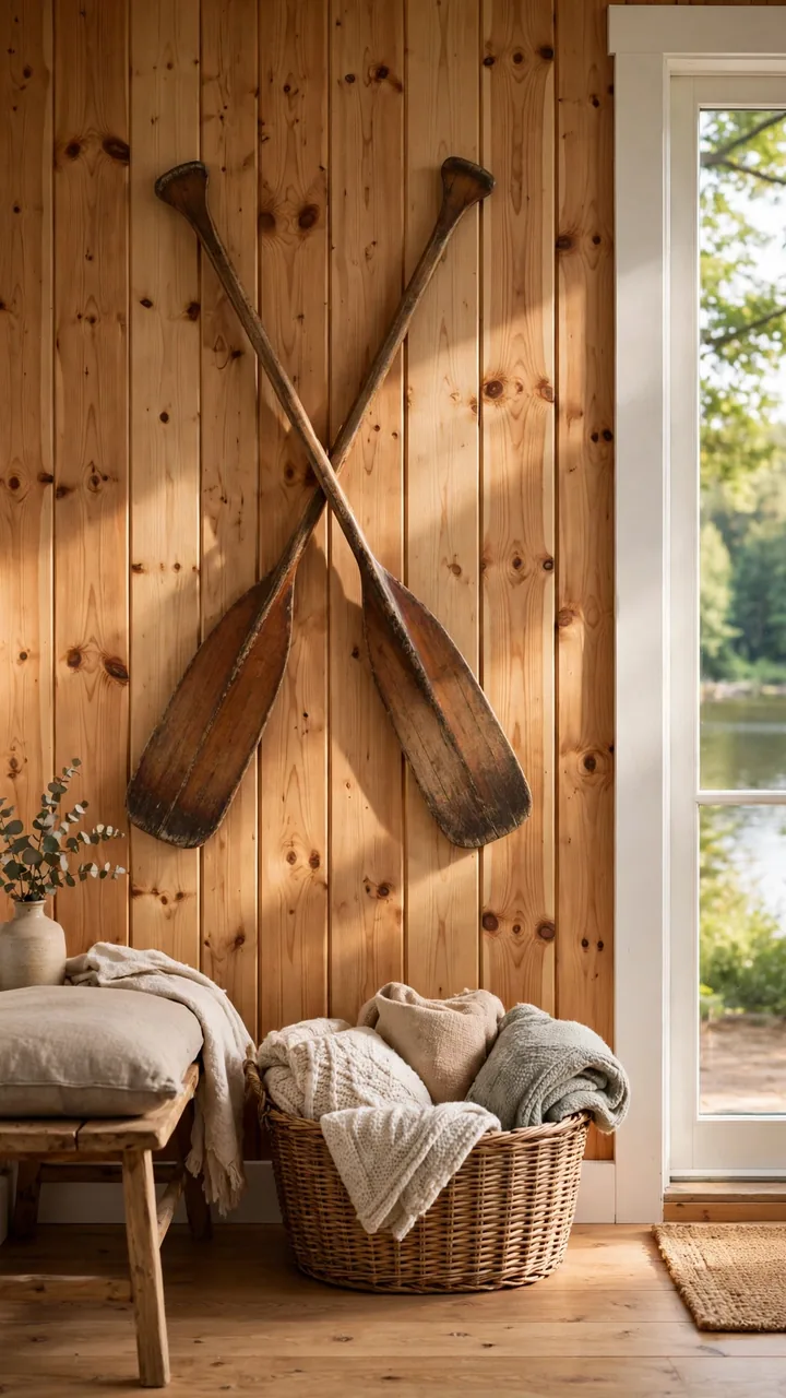 A lake cottage entryway with two vintage wooden canoe paddles crossed on a pine paneled wall, woven basket of blankets below, small wooden bench.
