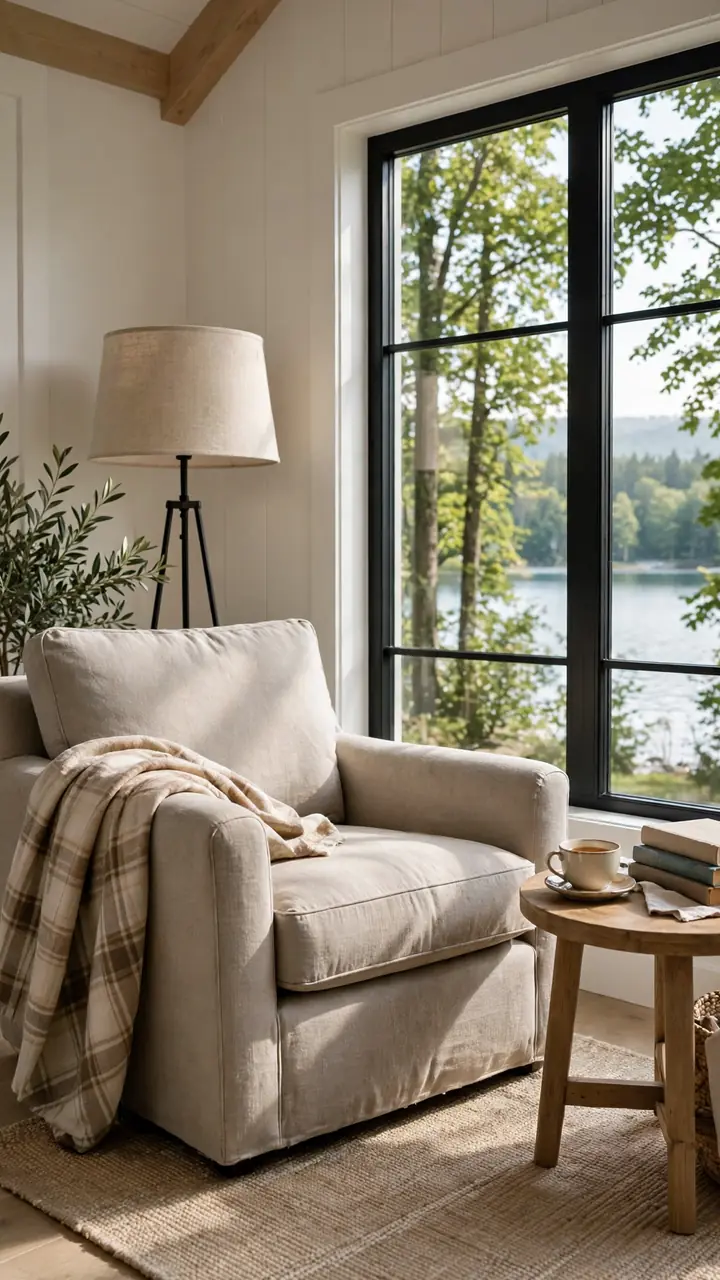 A lake cottage reading corner with a deep armchair angled toward a large window with a tree view, small round side table with a teacup and books, floor lamp.