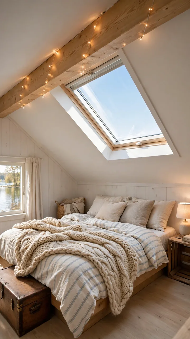 A lake cottage sleeping loft with sloped ceilings, a low platform bed with striped linen sheets and a chunky knit blanket, warm fairy lights along the ridge beam.