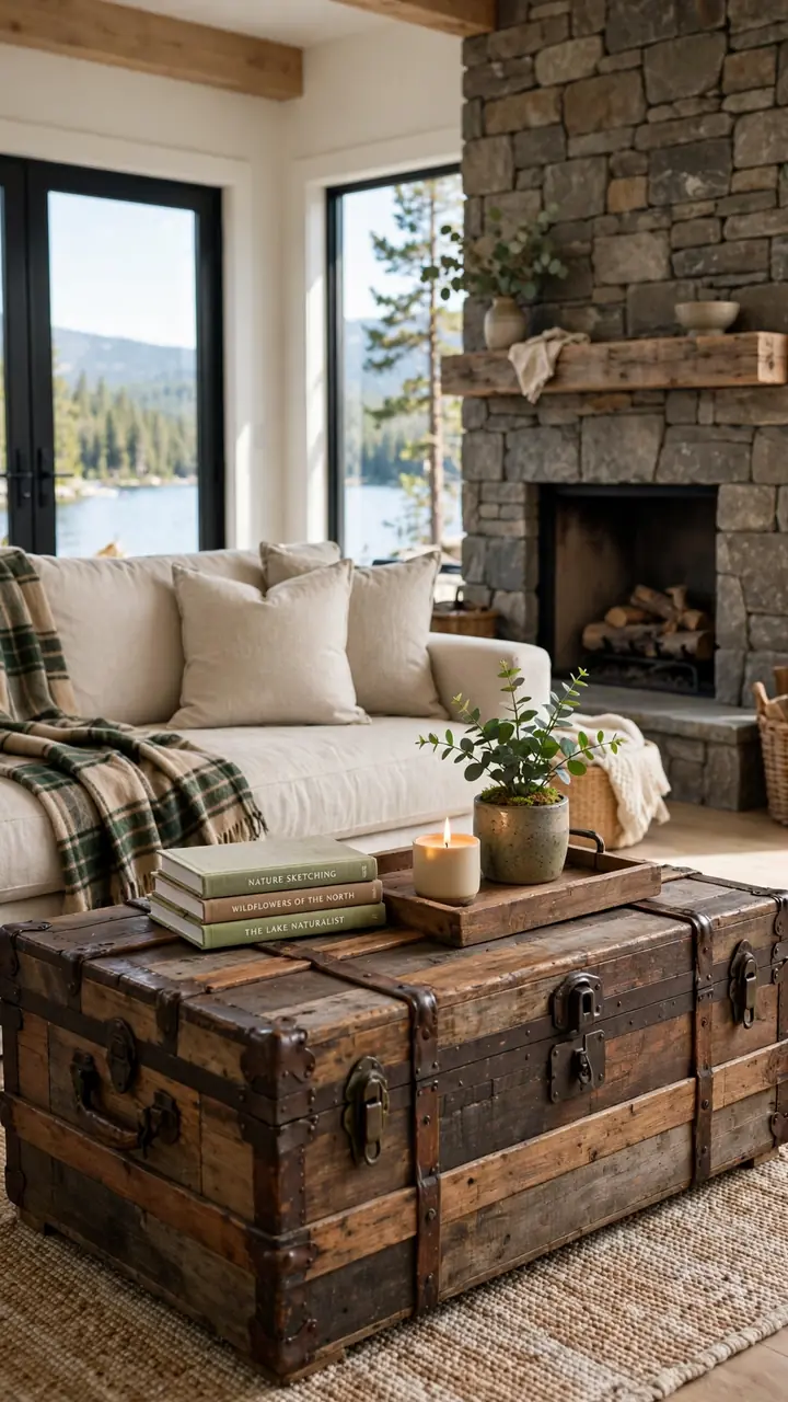 A lake cottage living room with a reclaimed wood trunk style coffee table, wooden tray on top holding a candle and a small green plant, short stack of nature books.