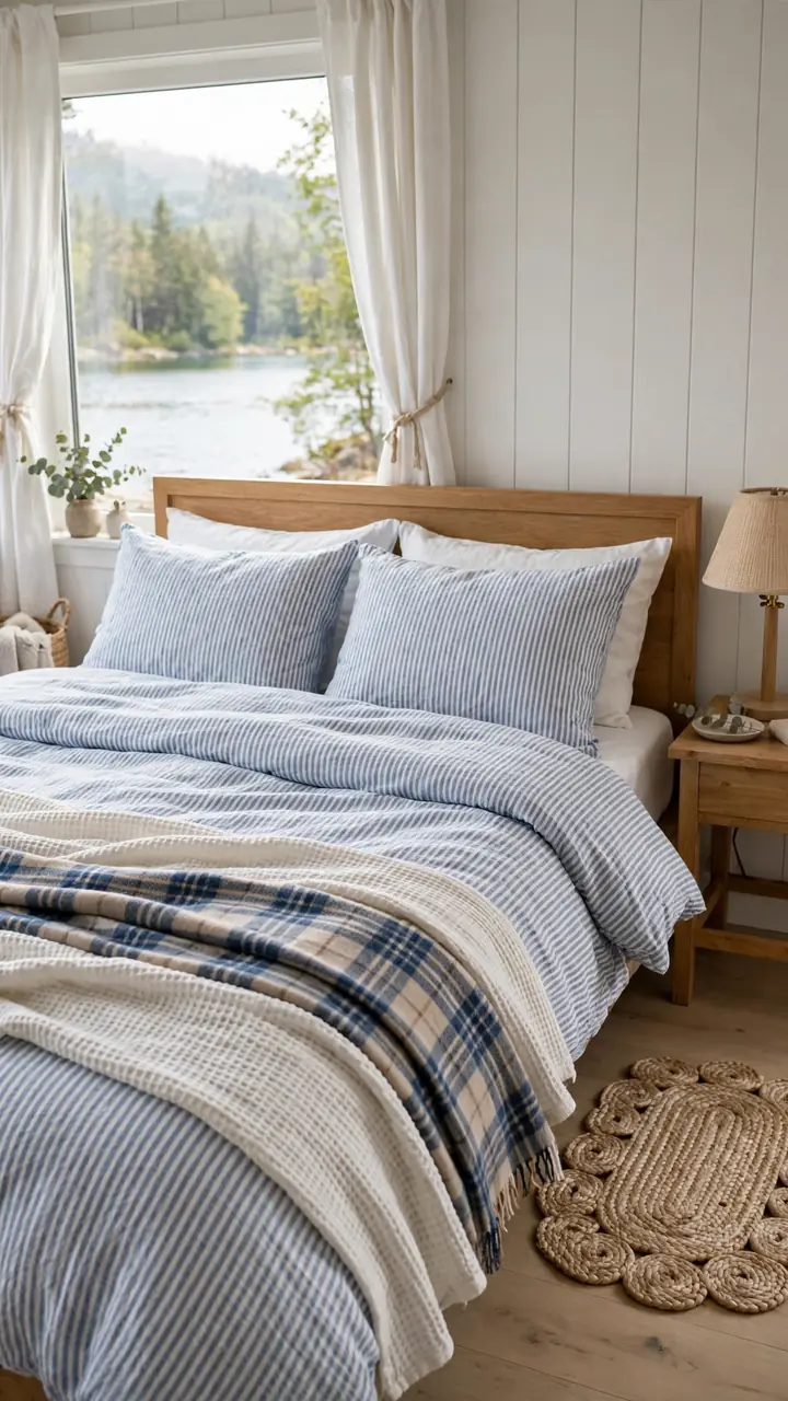 A serene lake cottage bedroom with blue and white ticking stripe linen bedding, waffle weave blanket and one plaid throw layered at the foot, simple wooden headboard.