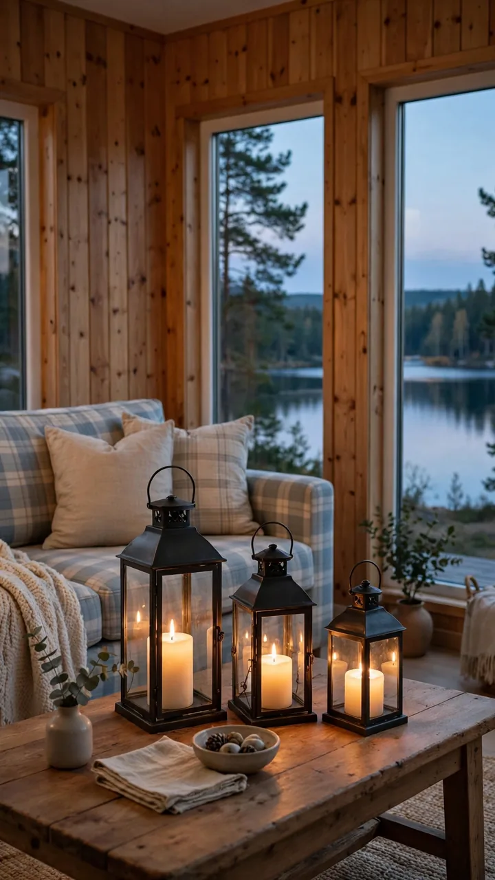 A lake cottage living room at dusk with three metal and glass lanterns of different heights glowing with warm flameless candles on a wooden coffee table.