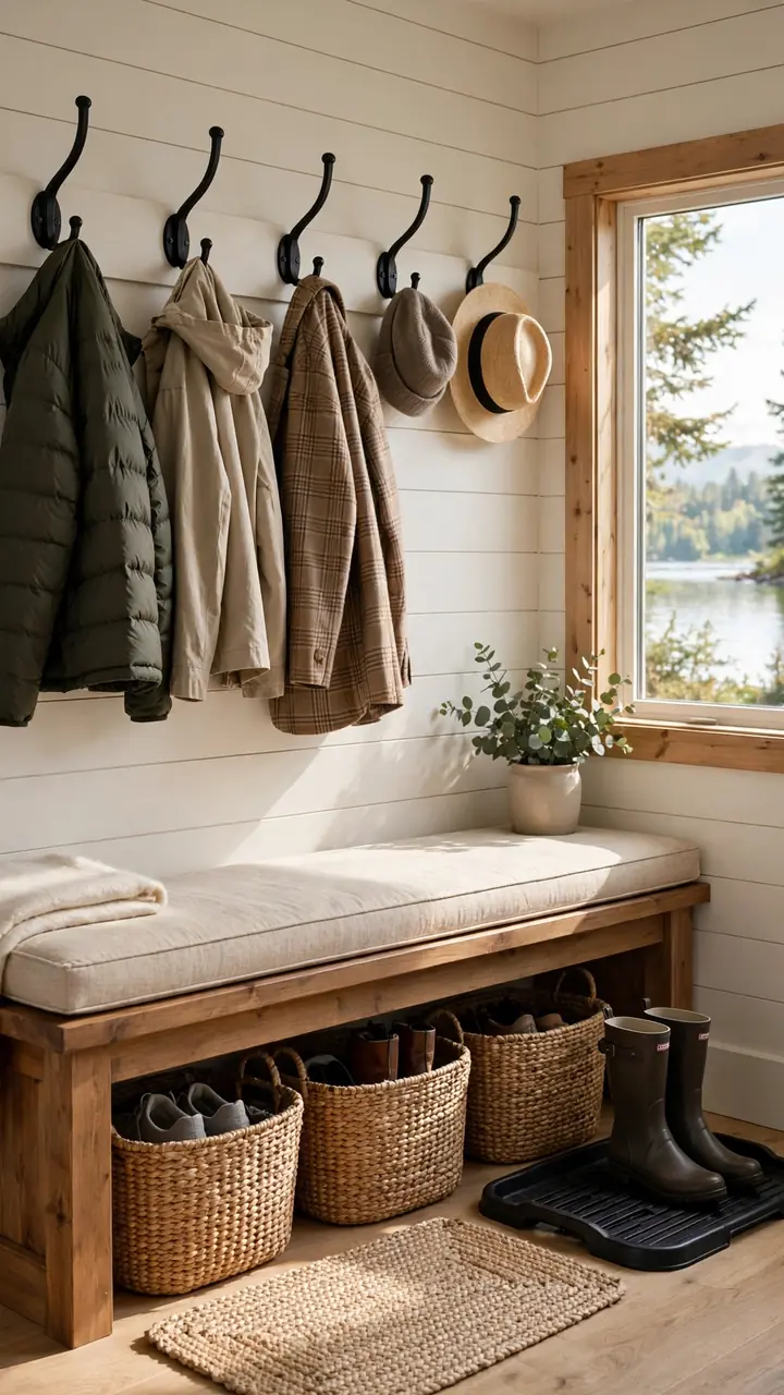 A lake cottage mudroom with a sturdy wooden boot bench with a washable cushion, big wall hooks above holding jackets and hats, woven baskets underneath for shoes.