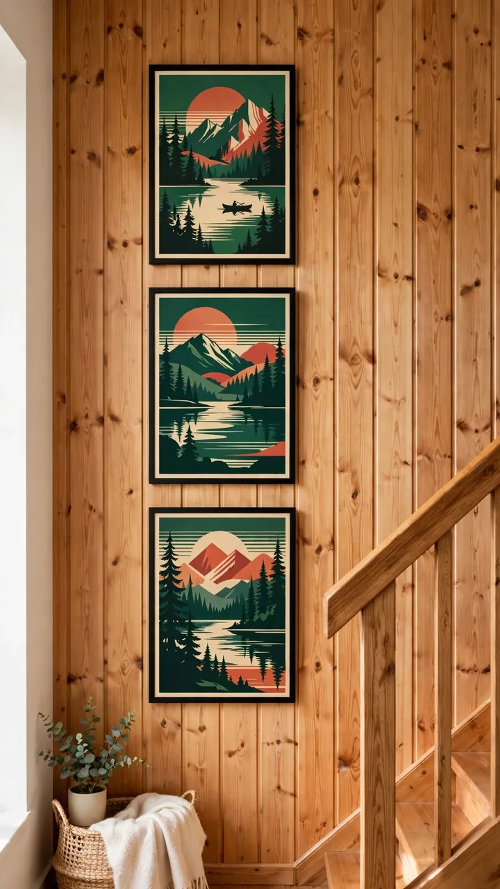 A lake cottage staircase wall with three framed vintage lake travel posters in thin black frames, bold retro graphics in deep green and warm red, pine paneled wall.