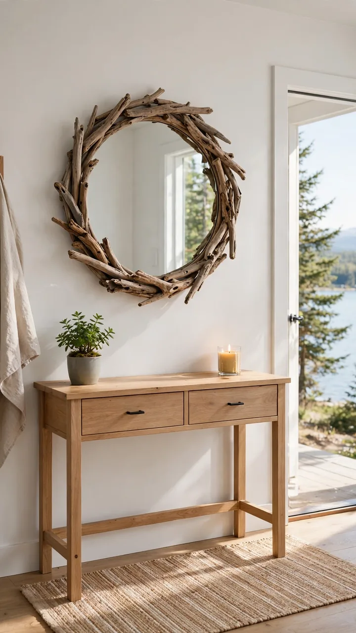 A lake cottage entryway with a large round driftwood framed mirror over a simple wooden console, small green plant and a candle on the console, white walls.