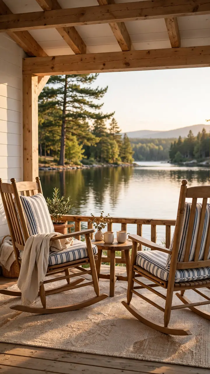 A lake cottage porch with a pair of wooden rocking chairs with ticking stripe cushions facing a calm lake view, small wooden table between them with two mugs.