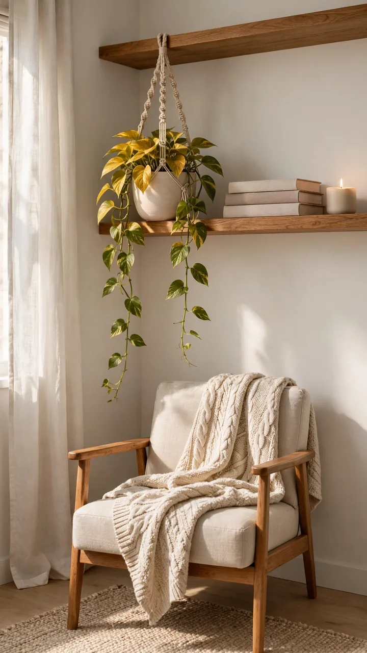 Cozy bedroom corner with golden pothos trailing from a ceramic hanging planter on a high wooden shelf, small reading chair below with knit throw, stack of books, warm morning light.