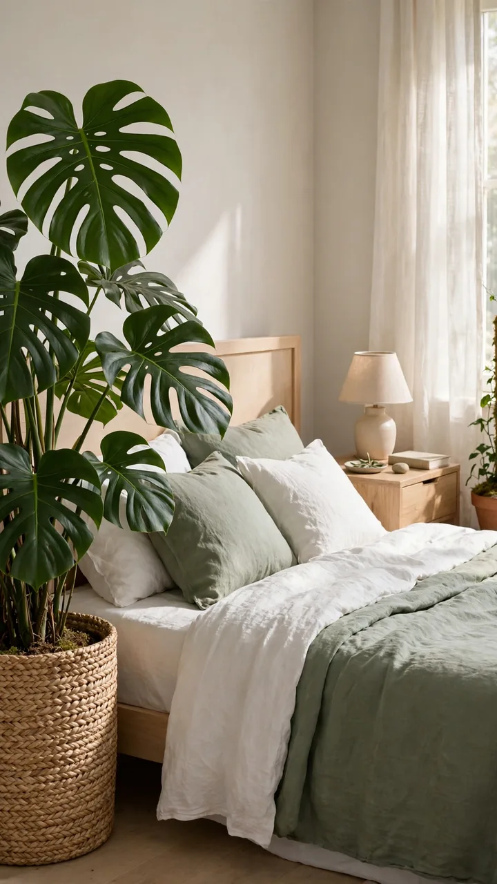 Large monstera deliciosa with split leaves in a tall seagrass basket beside a bed with white and sage bedding, wooden nightstand with small lamp.
