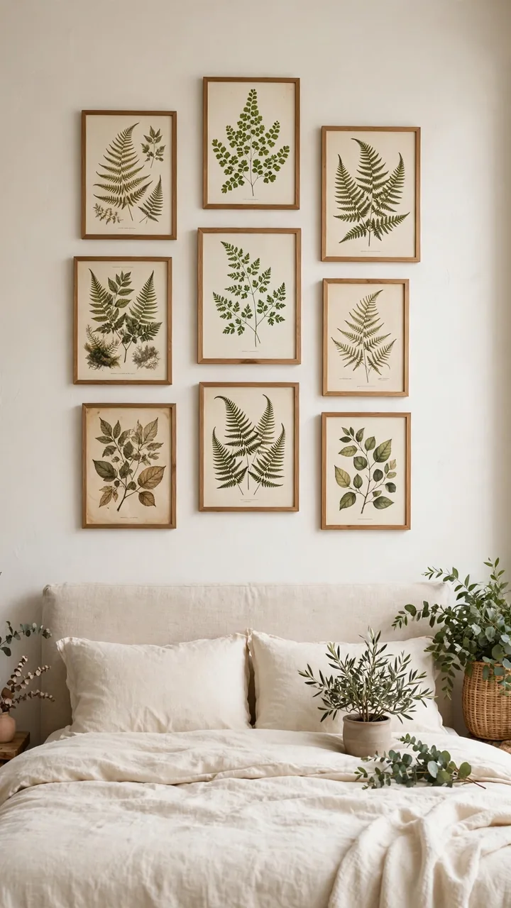 Bedroom wall above headboard with gallery of nine framed vintage botanical fern and leaf prints in thin natural wood frames, loose grid arrangement.