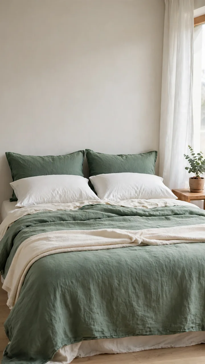 Bed dressed in washed sage green linen duvet with cream sheets, two white sleeping pillows and two deeper green euro shams, folded cream throw at foot.