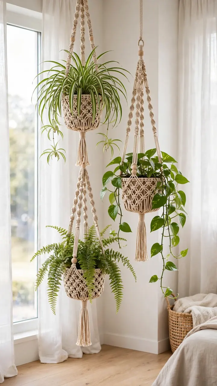 Three macrame hanging planters at staggered heights in a bright bedroom window corner, spider plant on top, trailing pothos in middle, soft fern at bottom.