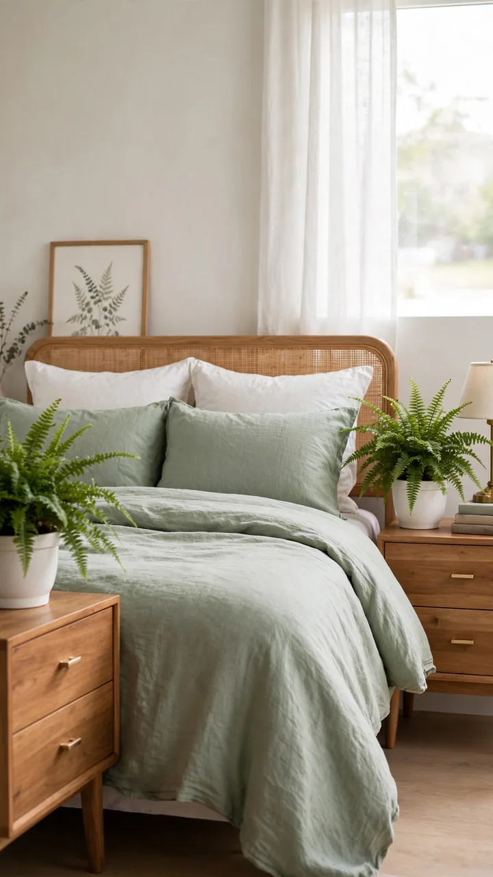 Matching Boston ferns in white ceramic pots on wooden nightstands on both sides of a bed with sage bedding, small brass lamp and stacked books beside.