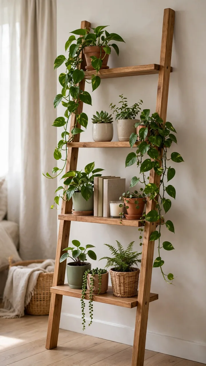 Wooden ladder shelf leaning against bedroom wall filled with eight small and medium potted plants at varying heights, trailing pothos cascading down.
