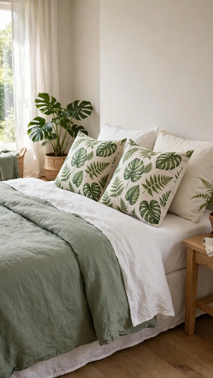 Bed styled with botanical leaf print throw pillows in greens on cream background, monstera and fern patterns, sage duvet and white sheets.