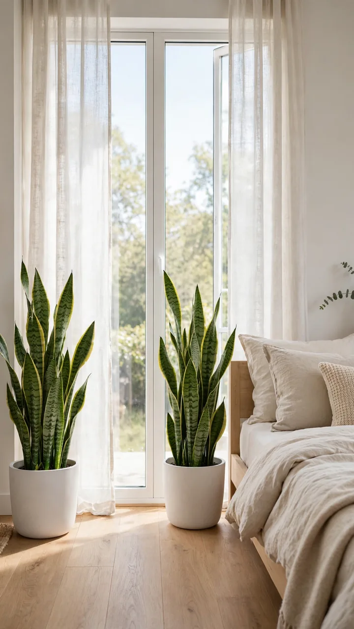 Two tall snake plants in matching matte white ceramic pots flanking a bright bedroom window, bed with neutral bedding to one side.