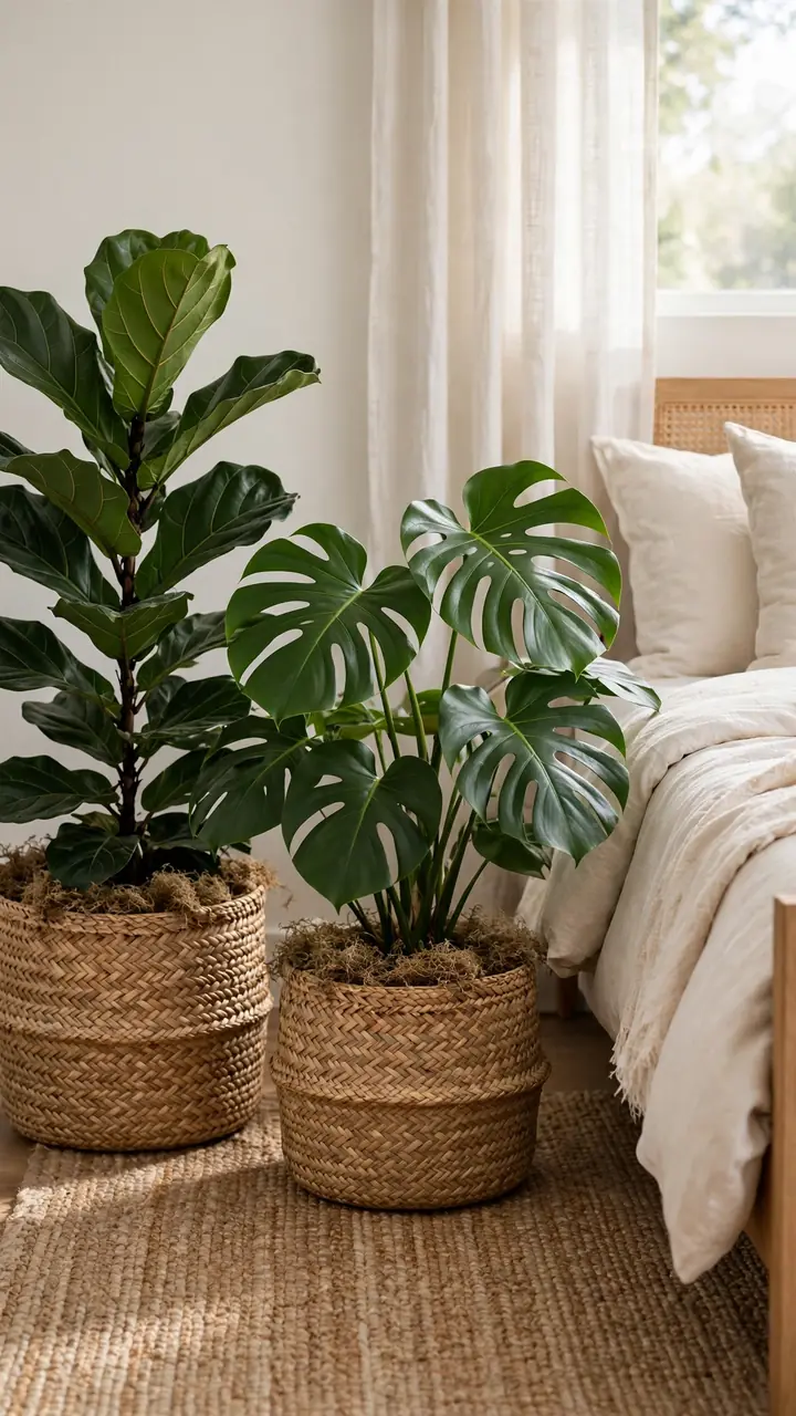 Large fiddle leaf fig and monstera in woven seagrass baskets on bedroom floor beside bed with cream bedding.