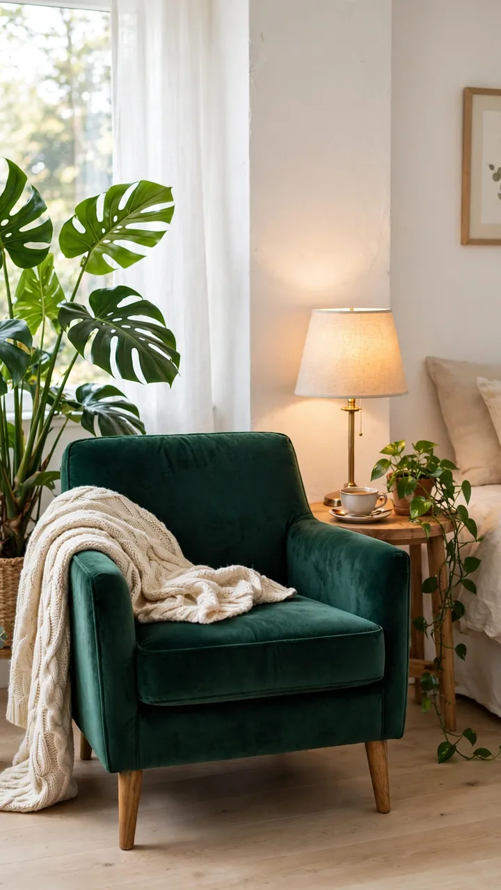 Deep emerald green velvet armchair in bedroom corner with cream knit throw, small wooden side table with trailing pothos.