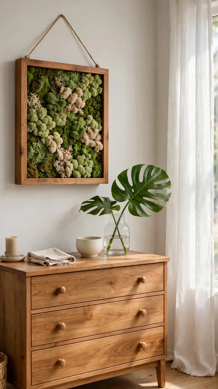 Shadow box frame filled with preserved green sheet moss and reindeer moss hanging above wooden dresser, monstera leaf in vase on dresser.