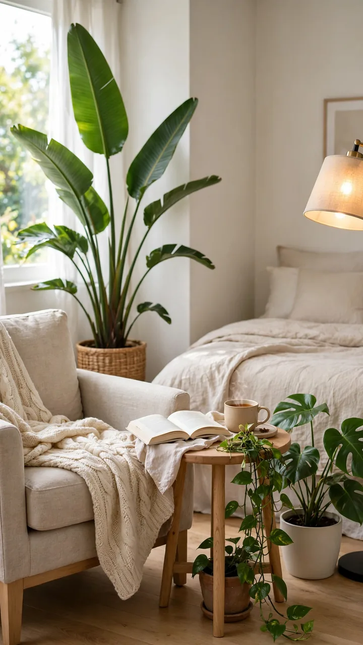 Cozy bedroom reading corner with linen armchair, tall bird of paradise behind chair, monstera beside it, trailing pothos on small side table.