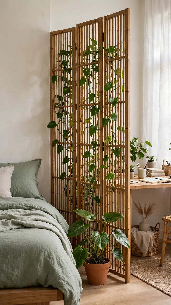Bamboo folding screen divider in bedroom with pothos vines climbing through slats, separating sleeping area from small desk corner.