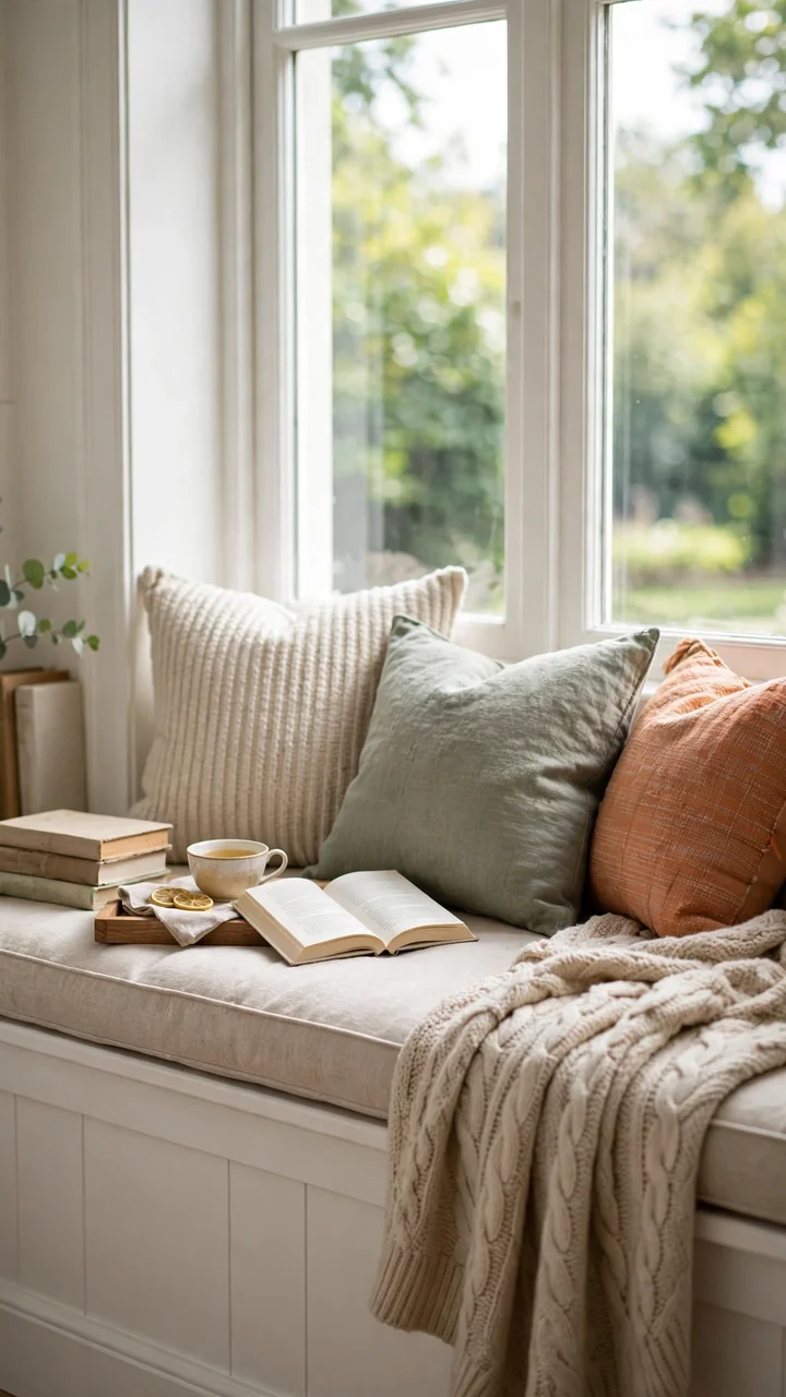 Window seat reading nook with fitted cushion, layered pillows, draped blanket and wooden tea tray