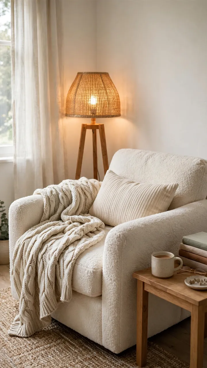 Plush armchair in a quiet living room corner with knit throw, glowing floor lamp and side table with books and tea