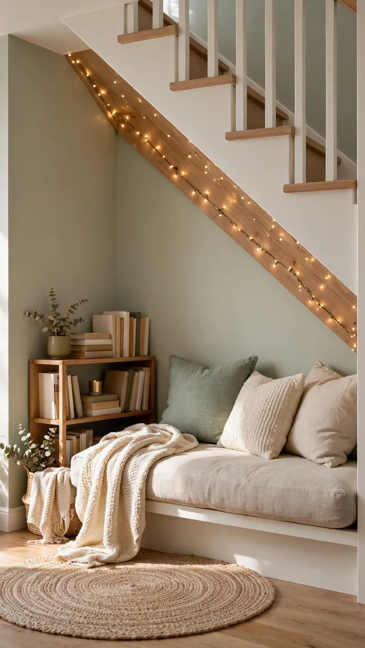 Cozy reading alcove under a staircase with cushioned bench, fairy lights, sage walls and a small bookshelf