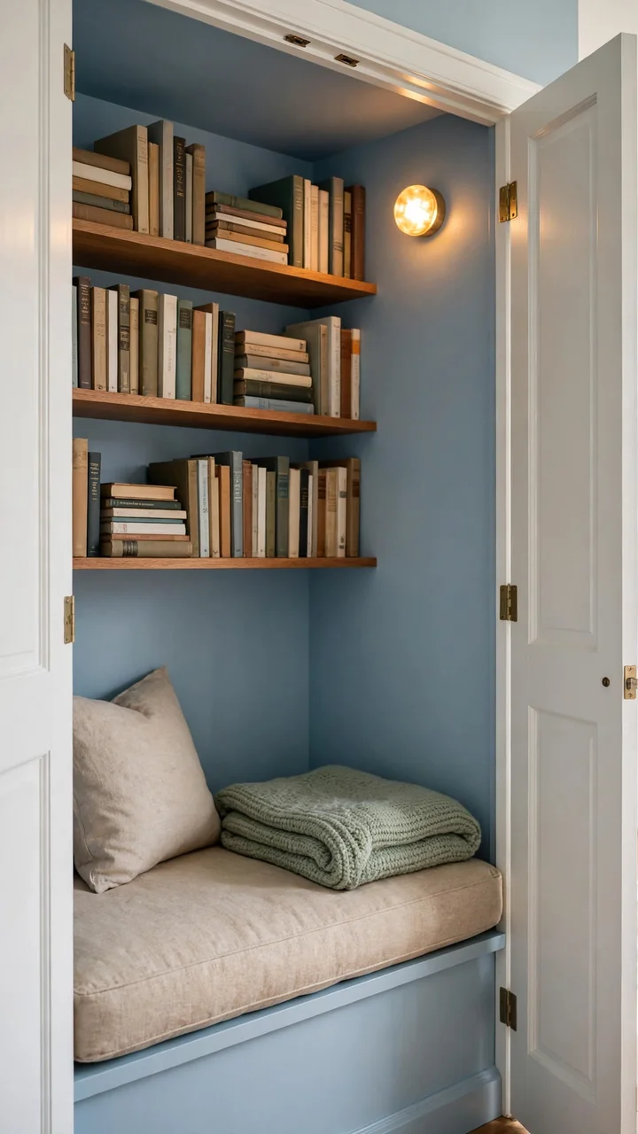 Small closet reading nook with open doors, cushioned bench, wall shelves of books and a warm glowing light