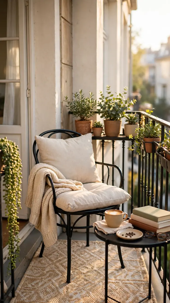 Tiny balcony reading corner with bistro chair and cushion, coffee on a side table, outdoor rug and potted plants in morning light