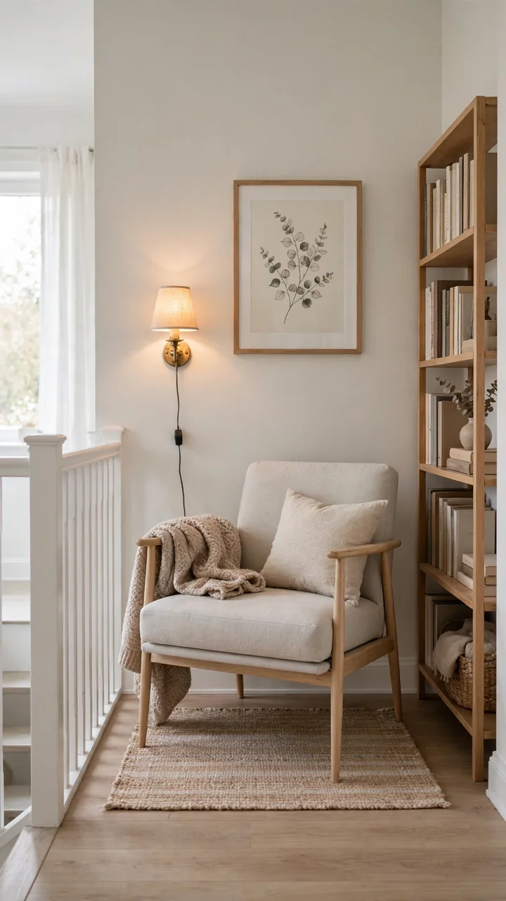 Slim armchair on an upstairs landing beside a narrow bookshelf with a glowing wall sconce, framed print and small rug