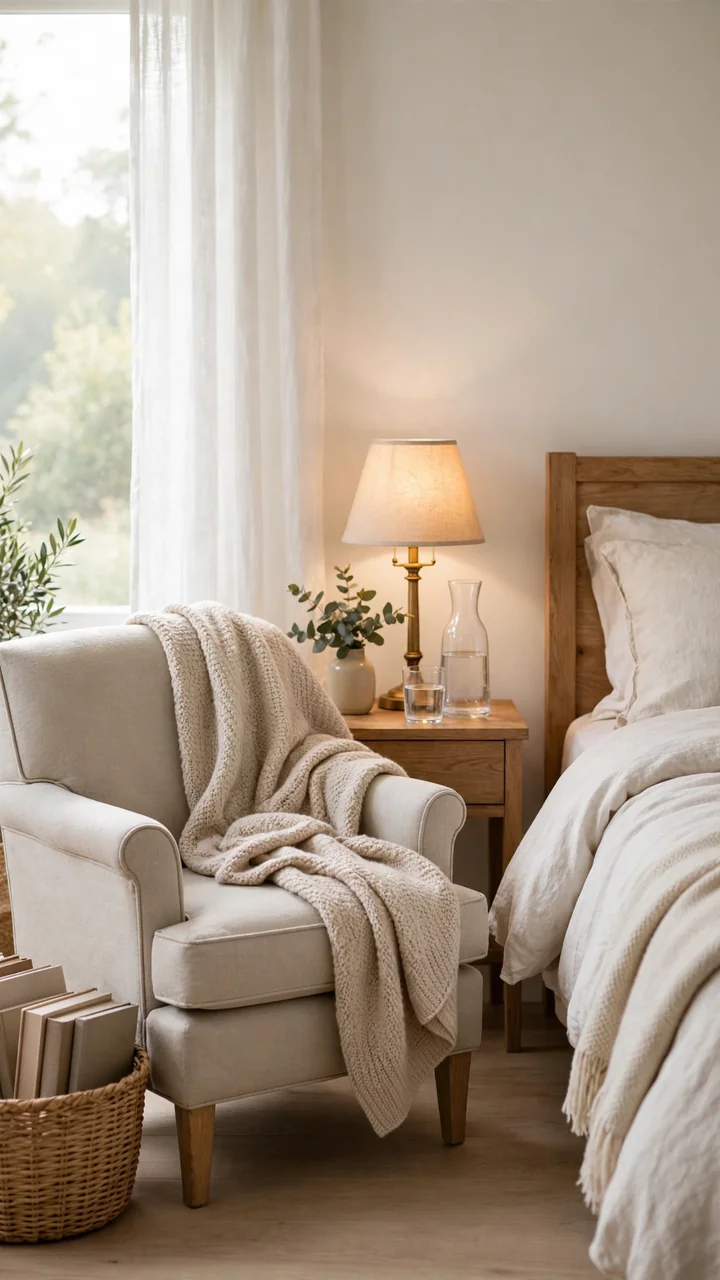 Small slipper chair beside a bed with draped blanket, basket of books, warm table lamp and water carafe in soft morning light