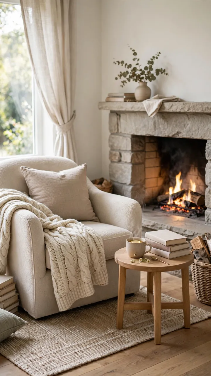 Comfortable armchair beside a stone fireplace with chunky knit throw, small side table with tea and basket of firewood