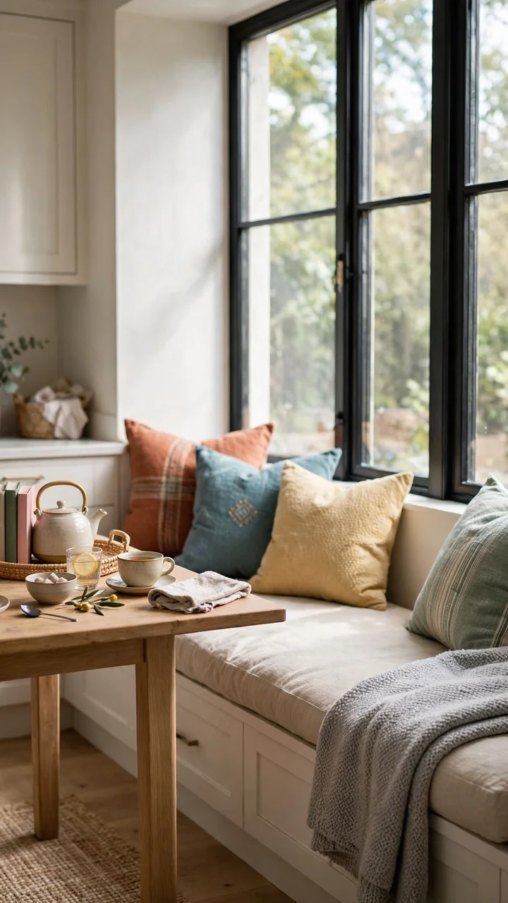 Kitchen banquette bench by a large window with long cushion, colorful pillows, folded blanket and tea set on the table