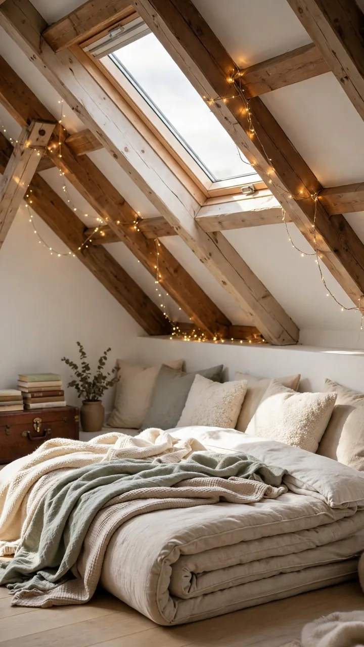 Low attic reading hideout under sloped wooden beams with folded mattress, layered blankets, fairy lights and a trunk of books