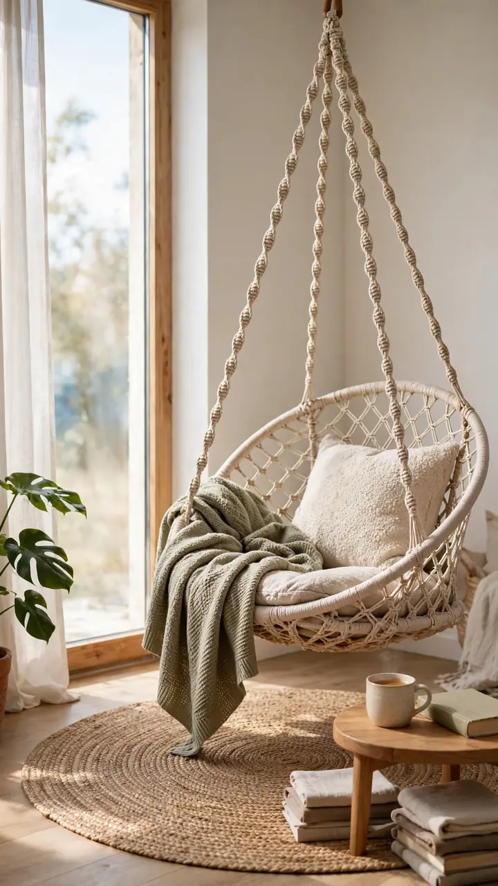 Macrame hanging chair in a bright living room corner with plush cushion, throw, round jute rug and side table with tea and a book