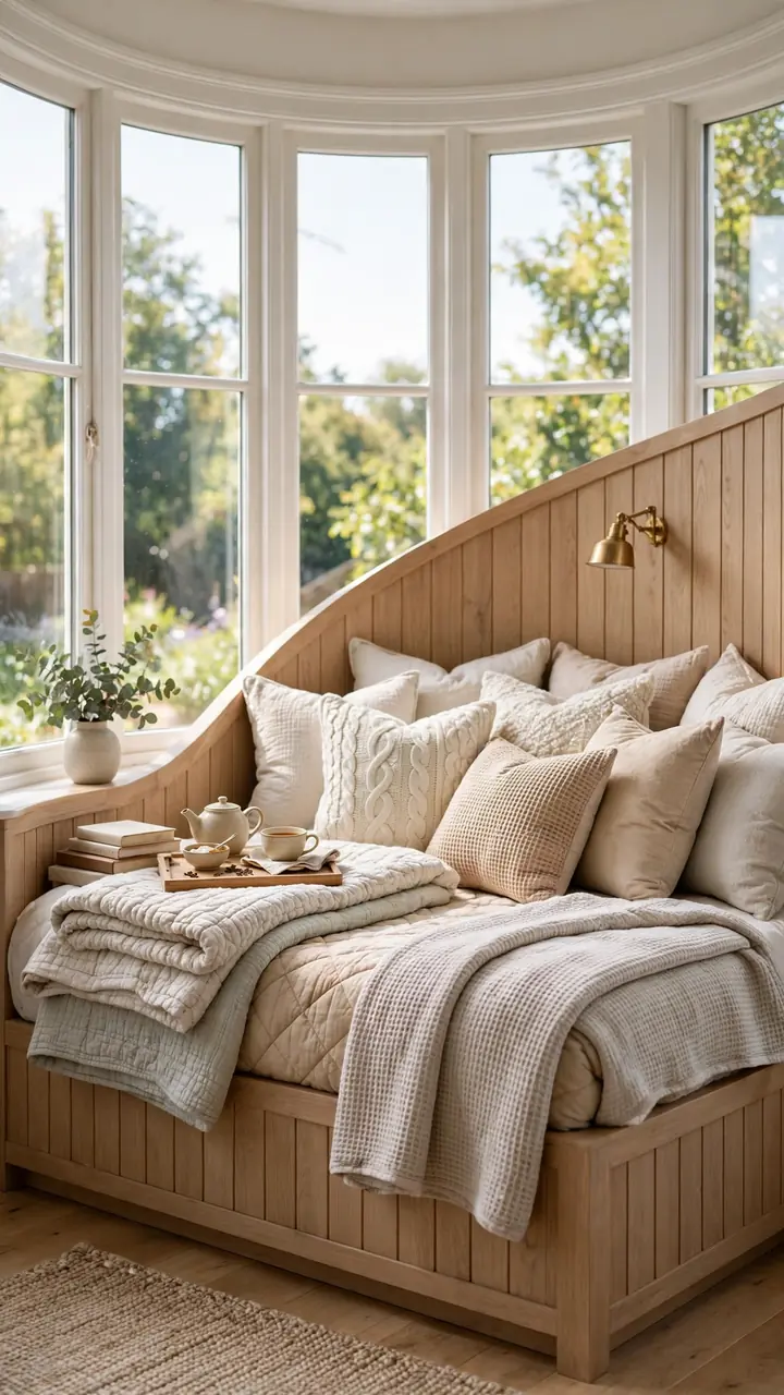 Daybed fitted into a curved bay window with layered quilts, many pillows, wall reading lamp and tea tray in glowing daylight