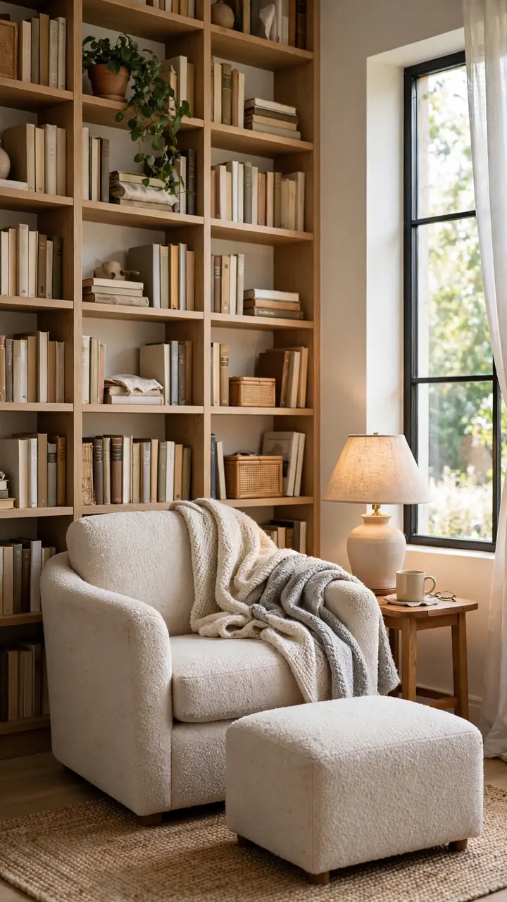 Armchair tucked against a full wall of bookshelves with warm reading lamp, soft blanket, footstool and small plant