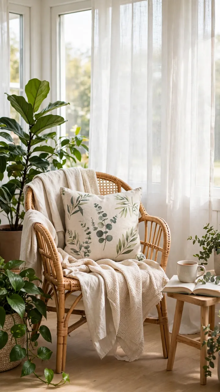 Rattan chair in a bright sunroom surrounded by leafy potted plants with botanical cushion, sheer curtain and tea